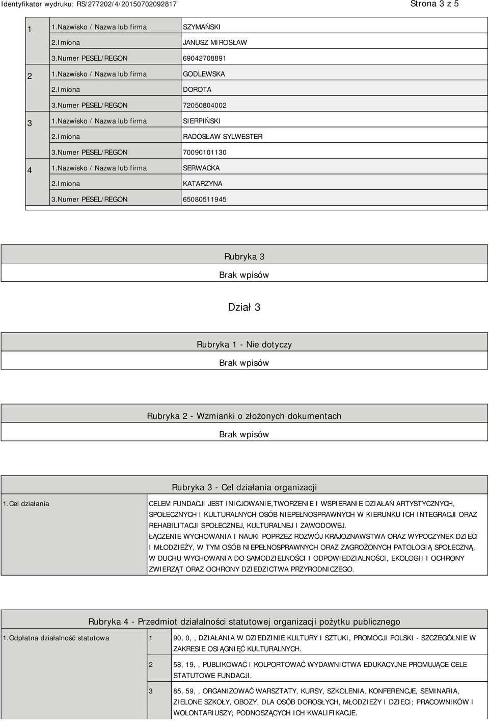 Numer PESEL/REGON 65080511945 Rubryka 3 Dział 3 Rubryka 1 - Nie dotyczy Rubryka 2 - Wzmianki o złożonych dokumentach Rubryka 3 - Cel działania organizacji 1.