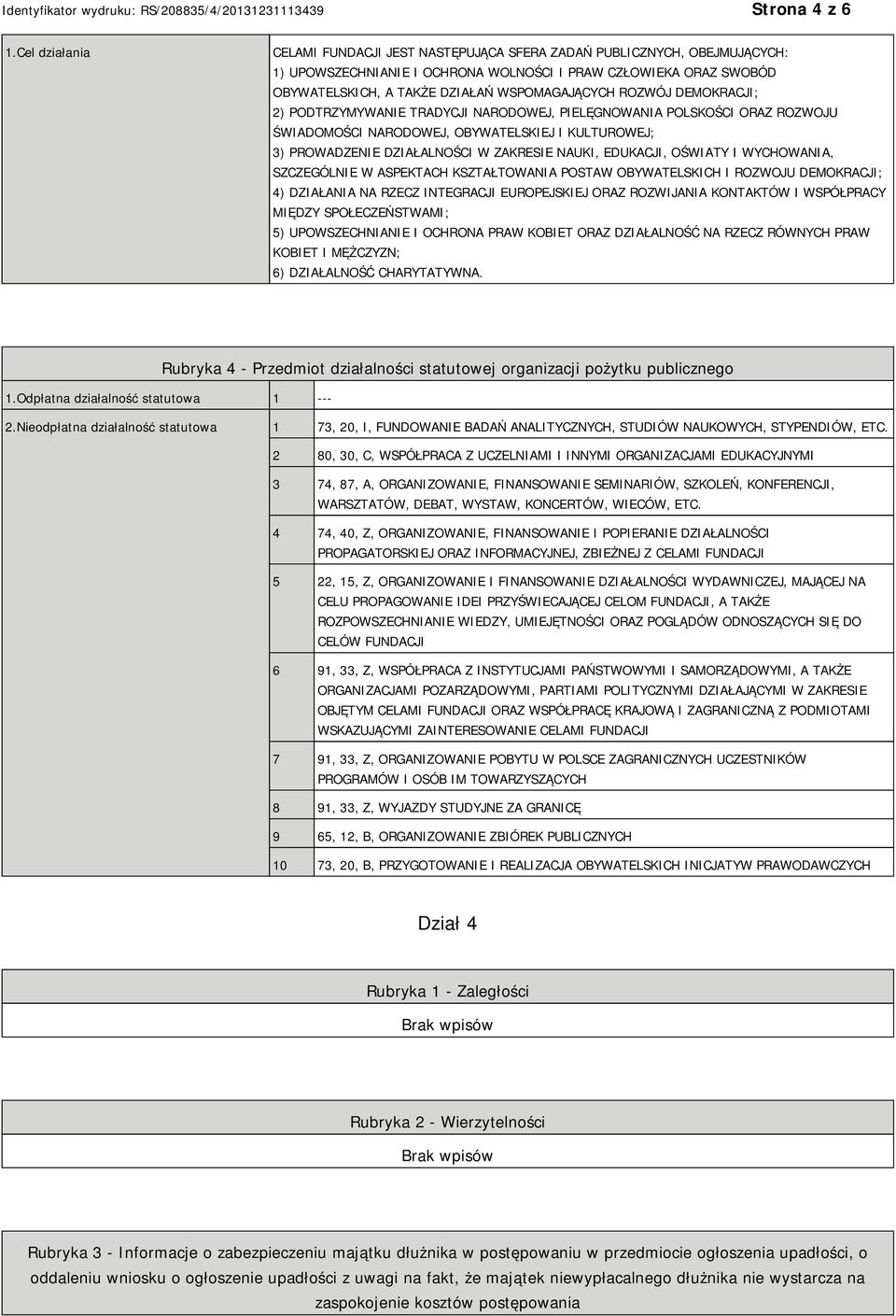 ROZWÓJ DEMOKRACJI; 2) PODTRZYMYWANIE TRADYCJI NARODOWEJ, PIELĘGNOWANIA POLSKOŚCI ORAZ ROZWOJU ŚWIADOMOŚCI NARODOWEJ, OBYWATELSKIEJ I KULTUROWEJ; 3) PROWADZENIE DZIAŁALNOŚCI W ZAKRESIE NAUKI,