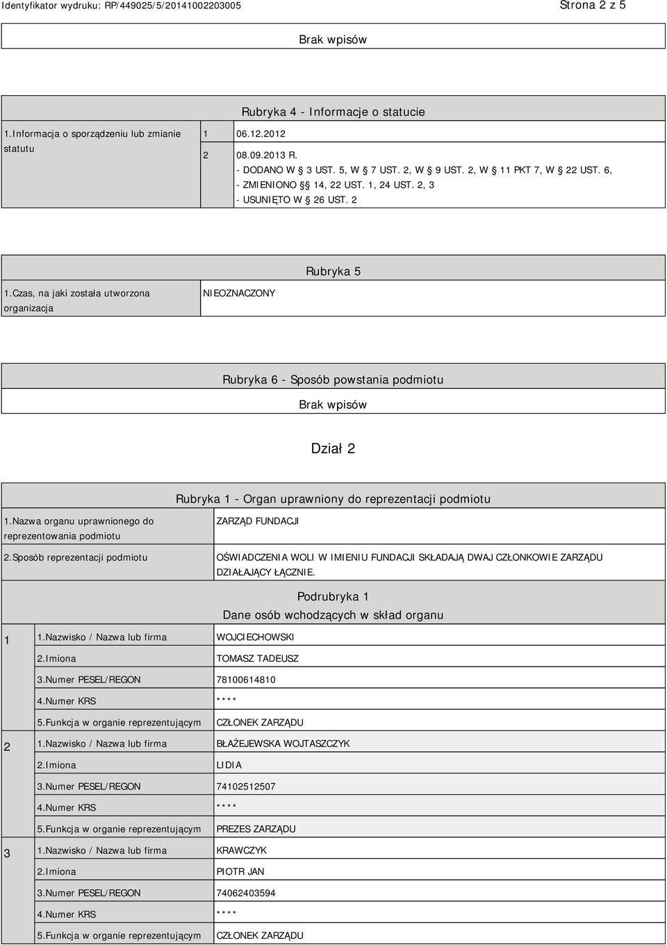 Czas, na jaki została utworzona organizacja NIEOZNACZONY Rubryka 6 - Sposób powstania podmiotu Dział 2 Rubryka 1 - Organ uprawniony do reprezentacji podmiotu 1.