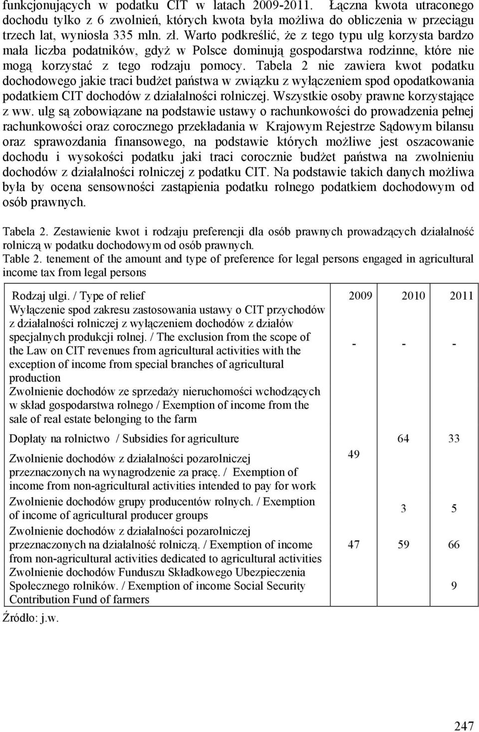 Tabela 2 nie zawiera kwot podatku dochodowego jakie traci budżet państwa w związku z wyłączeniem spod opodatkowania podatkiem CIT dochodów z działalności rolniczej.