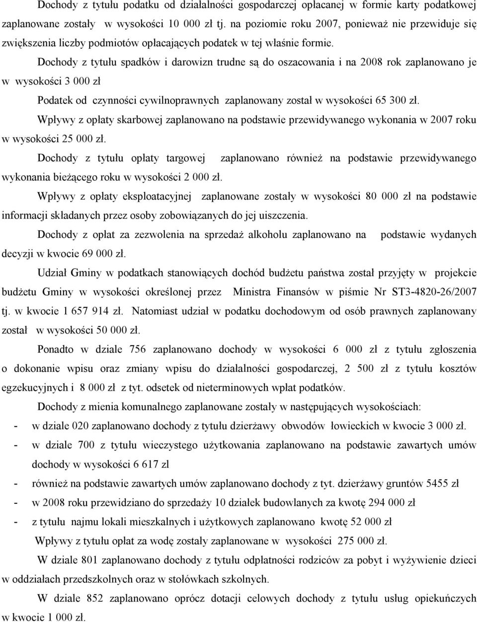 Dochody z tytułu spadków i darowizn trudne są do oszacowania i na 2008 rok zaplanowano je w wysokości 3 000 zł Podatek od czynności cywilnoprawnych zaplanowany został w wysokości 65 300 zł.