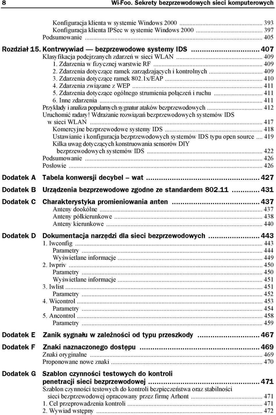 Zdarzenia dotyczące ramek zarządzających i kontrolnych... 409 3. Zdarzenia dotyczące ramek 802.1x/EAP... 410 4. Zdarzenia związane z WEP... 411 5.