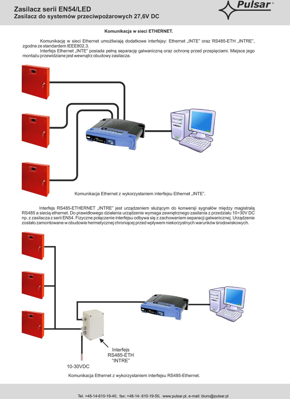 Komunikacja Ethernet z wykorzystaniem interfejsu Ethernet INTE. Interfejs RS485-ETHERNET INTRE jest urządzeniem służącym do konwersji sygnałów między magistralą RS485 a siecią ethernet.