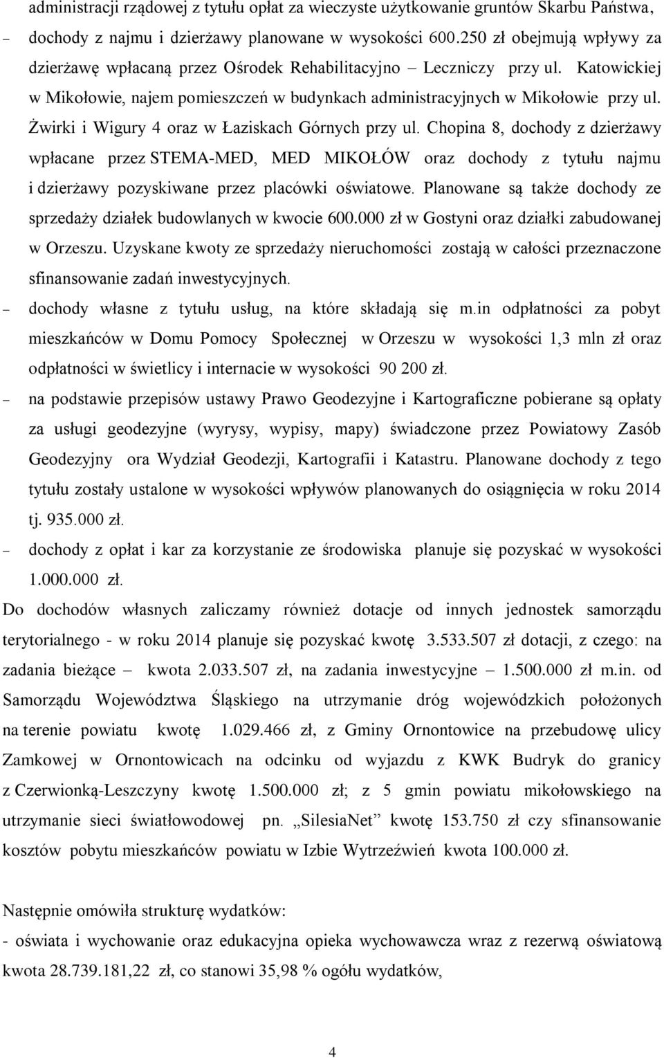 Żwirki i Wigury 4 oraz w Łaziskach Górnych przy ul. Chopina 8, dochody z dzierżawy wpłacane przez STEMA-MED, MED MIKOŁÓW oraz dochody z tytułu najmu i dzierżawy pozyskiwane przez placówki oświatowe.