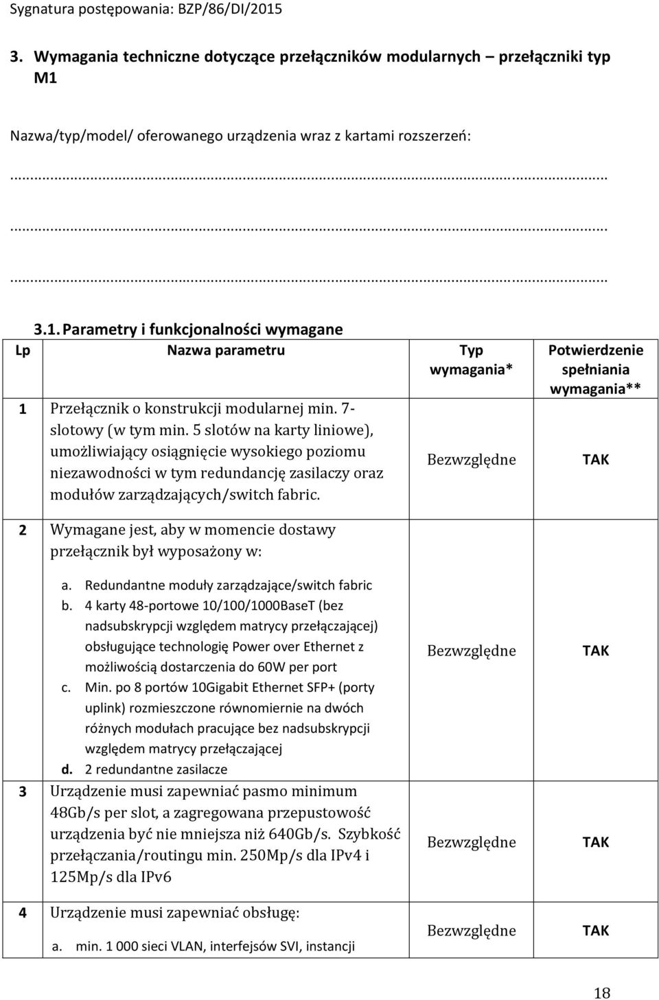 Potwierdzenie spełniania wymagania** 2 Wymagane jest, aby w momencie dostawy przełącznik był wyposażony w: a. Redundantne moduły zarządzające/switch fabric b.