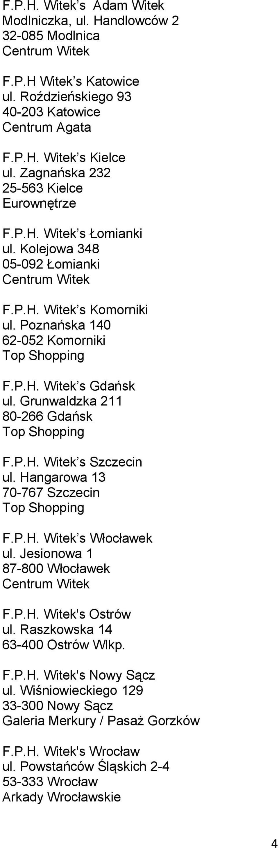 Grunwaldzka 211 80-266 Gdańsk Top Shopping F.P.H. Witek s Szczecin ul. Hangarowa 13 70-767 Szczecin Top Shopping F.P.H. Witek s Włocławek ul. Jesionowa 1 87-800 Włocławek Centrum Witek F.P.H. Witek's Ostrów ul.