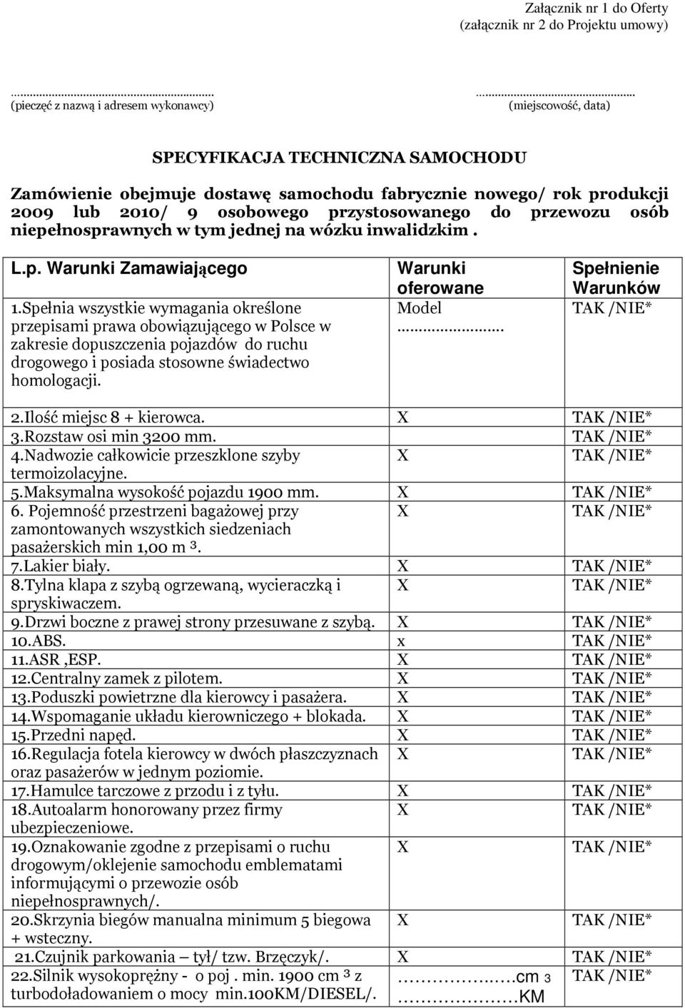 niepełnosprawnych w tym jednej na wózku inwalidzkim. L.p. Warunki Zamawiającego 1.