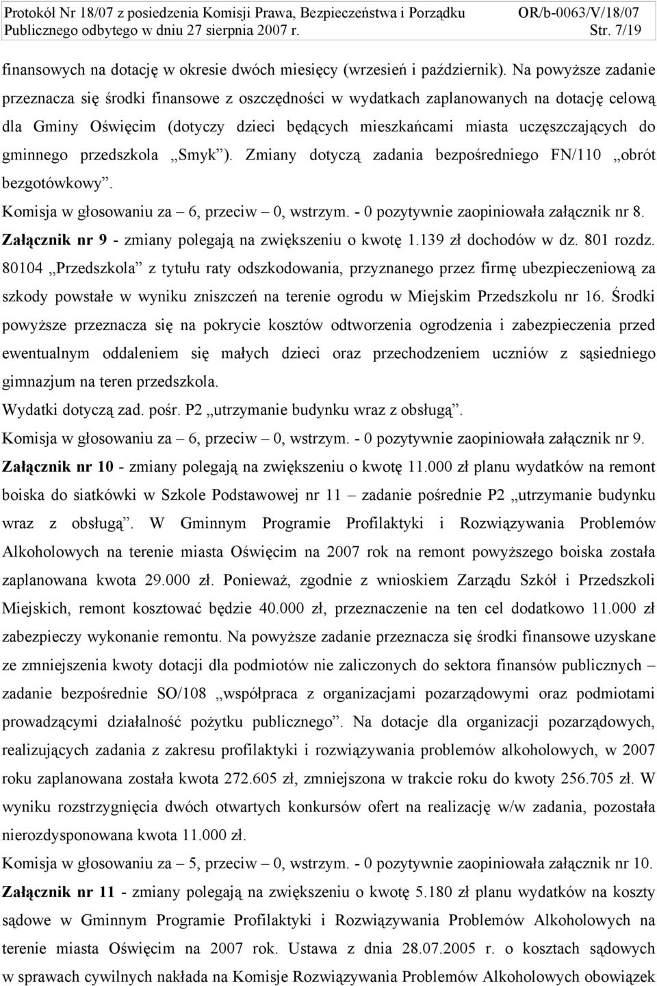 gminnego przedszkola Smyk ). Zmiany dotyczą zadania bezpośredniego FN/110 obrót bezgotówkowy. Komisja w głosowaniu za 6, przeciw 0, wstrzym. - 0 pozytywnie zaopiniowała załącznik nr 8.