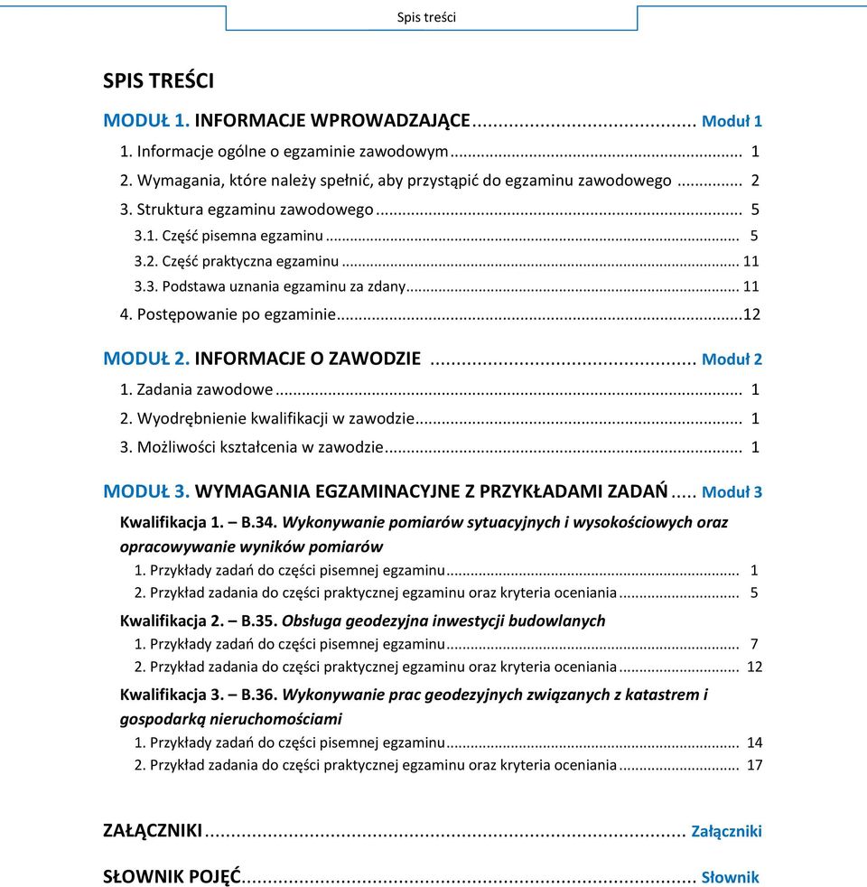 INFORMACJE O ZAWODZIE... Moduł 2 1. Zadania zawodowe... 1 2. Wyodrębnienie kwalifikacji w zawodzie... 1 3. Możliwości kształcenia w zawodzie... 1 MODUŁ 3. WYMAGANIA EGZAMINACYJNE Z PRZYKŁADAMI ZADAŃ.