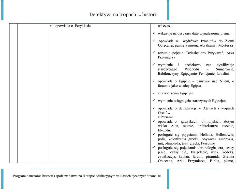 opowiada o Egipcie państwie nad Nilem, o faraonie jako władcy Egiptu. zna wierzenia Egipcjan. wymienia osiągnięcia starożytnych Egipcjan. opowiada o demokracji w Atenach i wojnach Greków z Persami.