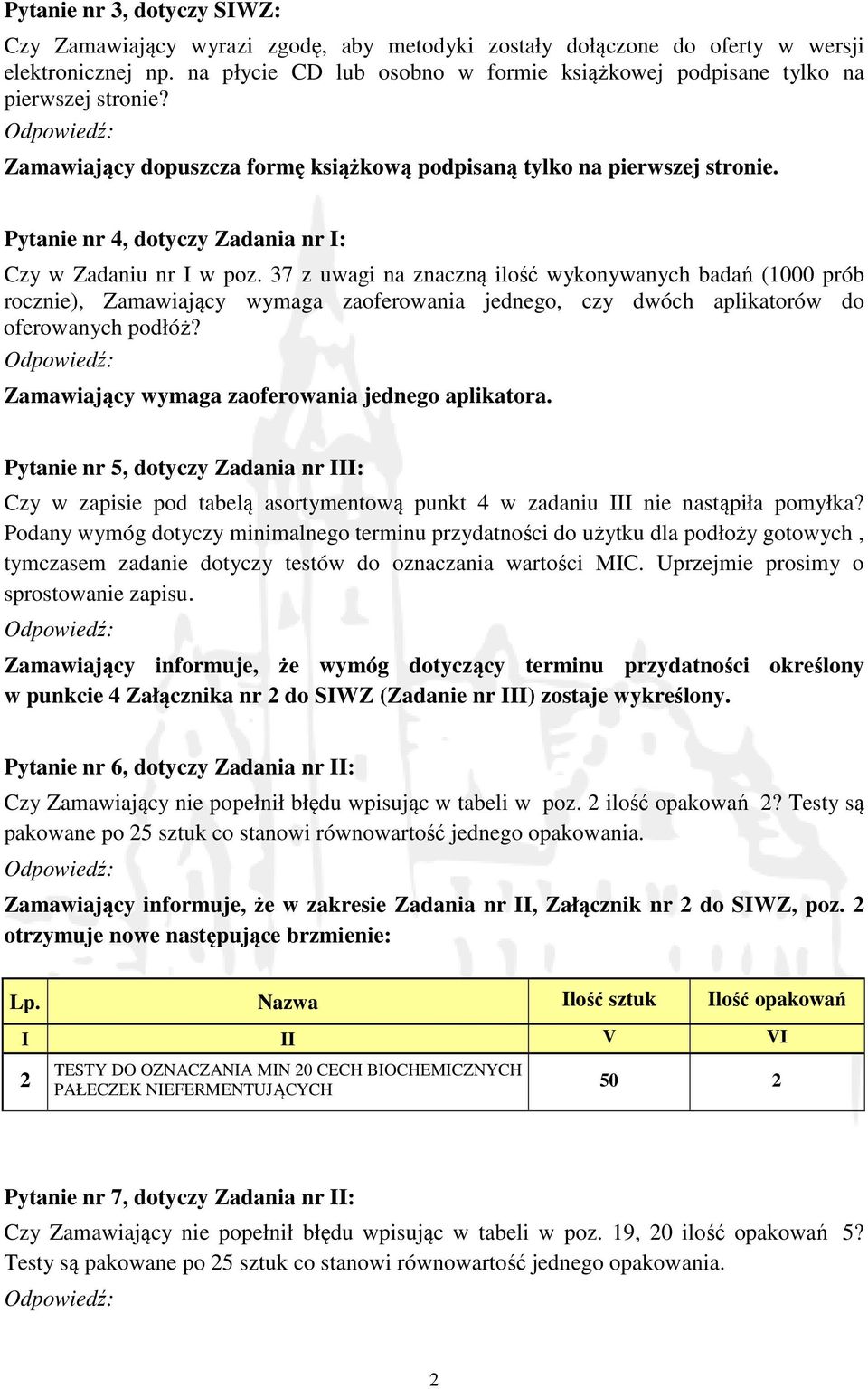 Pytanie nr 4, dotyczy Zadania nr I: Czy w Zadaniu nr I w poz.