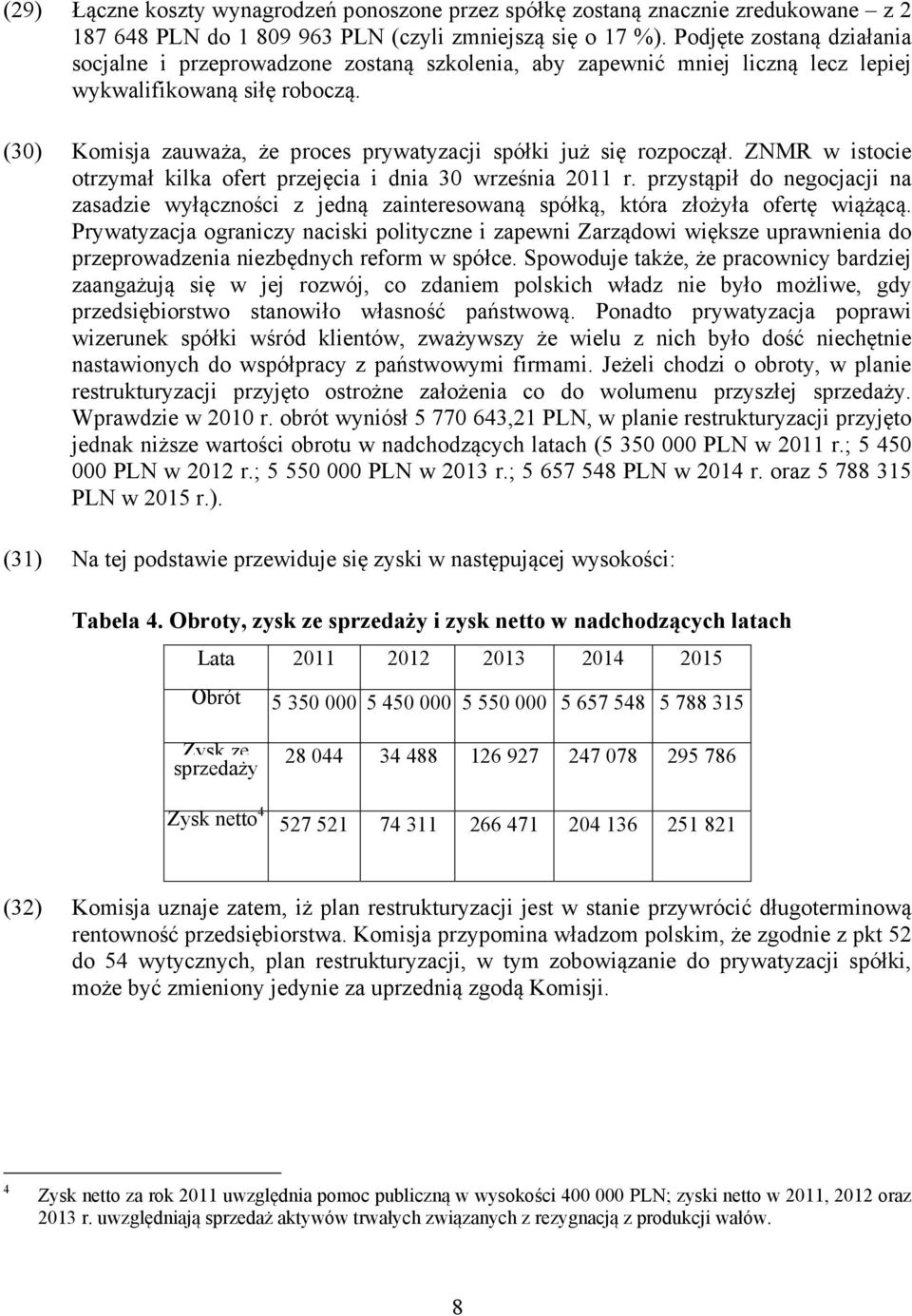 (30) Komisja zauważa, że proces prywatyzacji spółki już się rozpoczął. ZNMR w istocie otrzymał kilka ofert przejęcia i dnia 30 września 2011 r.