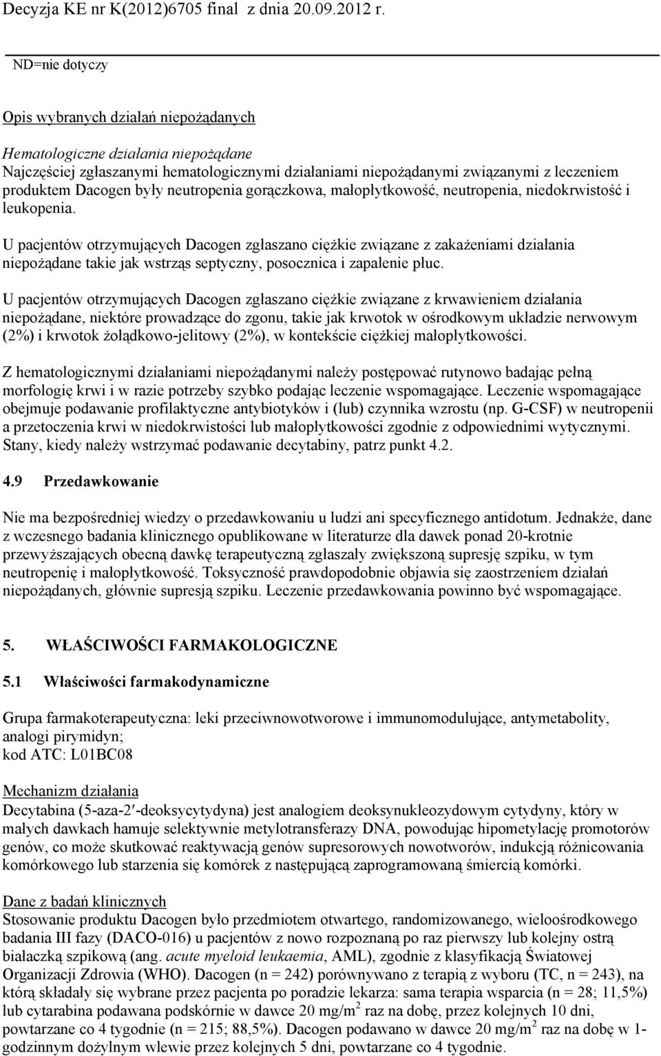 U pacjentów otrzymujących Dacogen zgłaszano ciężkie związane z zakażeniami działania niepożądane takie jak wstrząs septyczny, posocznica i zapalenie płuc.