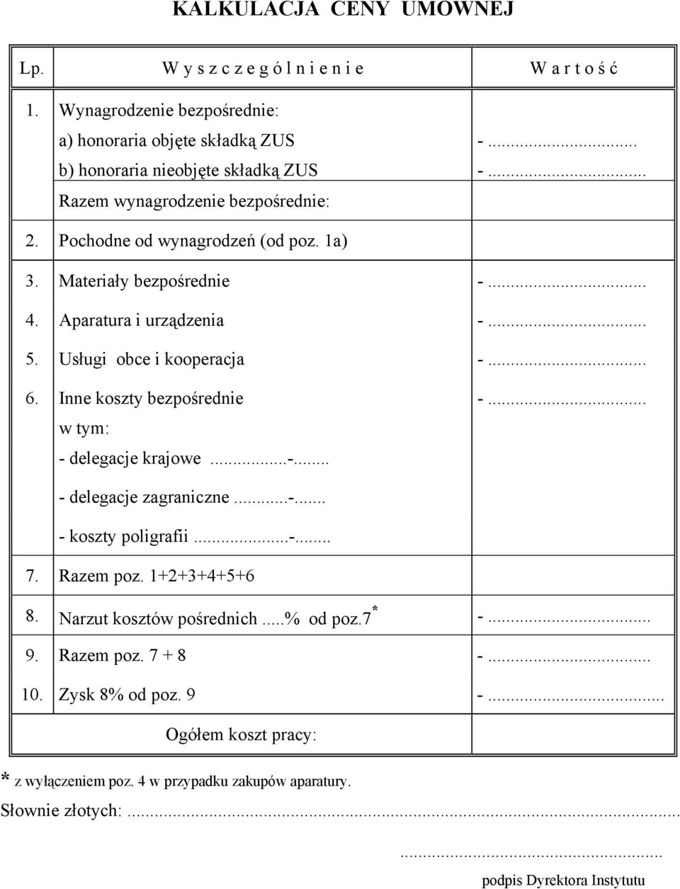 Materiały bezpośrednie -... 4. Aparatura i urządzenia -... 5. Usługi obce i kooperacja -... 6. Inne koszty bezpośrednie w tym: - delegacje krajowe...-... -... - delegacje zagraniczne.