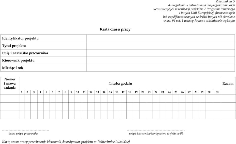 1 ustawy Prawo o szkolnictwie wyższym Karta czasu pracy Identyfikator projektu Tytuł projektu Imię i nazwisko pracownika Kierownik projektu Miesiąc i rok Numer i nazwa