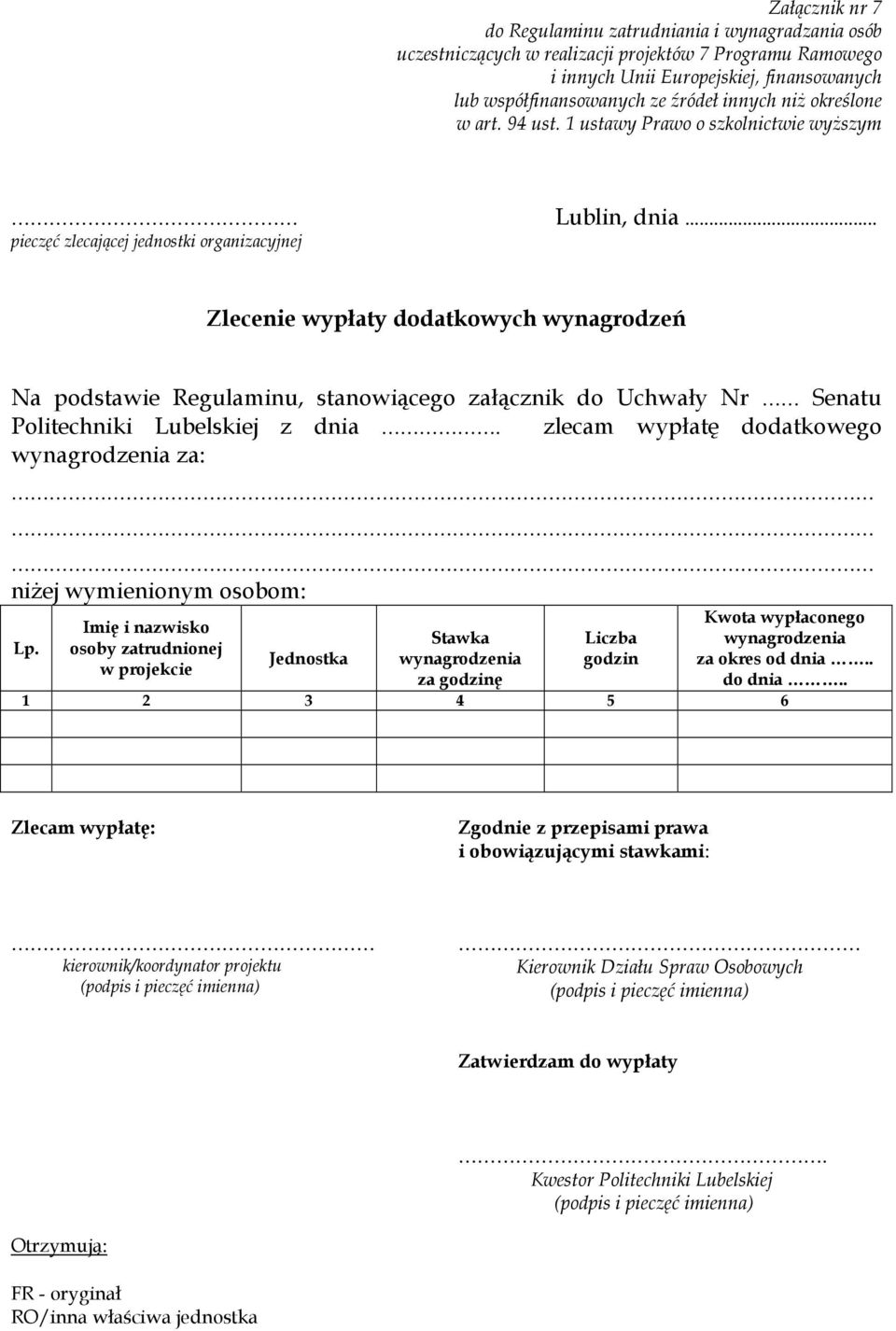 .. pieczęć zlecającej jednostki organizacyjnej Zlecenie wypłaty dodatkowych wynagrodzeń Na podstawie Regulaminu, stanowiącego załącznik do Uchwały Nr Senatu Politechniki Lubelskiej z dnia.