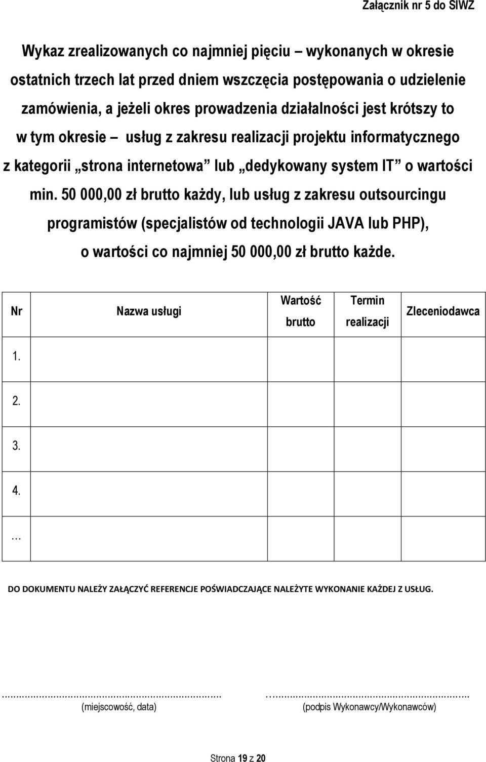 50 000,00 zł brutto każdy, lub usług z zakresu outsourcingu programistów (specjalistów od technologii JAVA lub PHP), o wartości co najmniej 50 000,00 zł brutto każde.