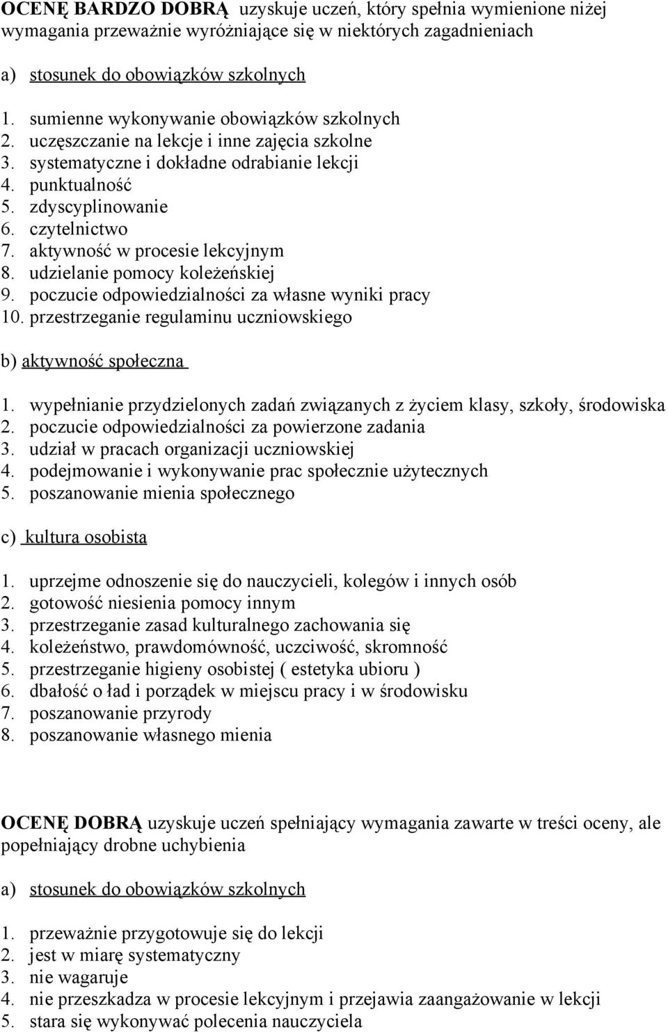 udzielanie pomocy koleżeńskiej 9. poczucie odpowiedzialności za własne wyniki pracy 10. przestrzeganie regulaminu uczniowskiego b) aktywność społeczna 1.