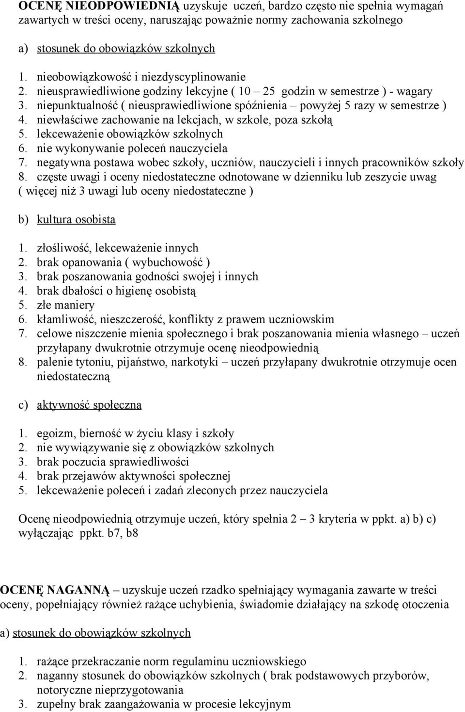 niewłaściwe zachowanie na lekcjach, w szkole, poza szkołą 5. lekceważenie obowiązków szkolnych 6. nie wykonywanie poleceń nauczyciela 7.