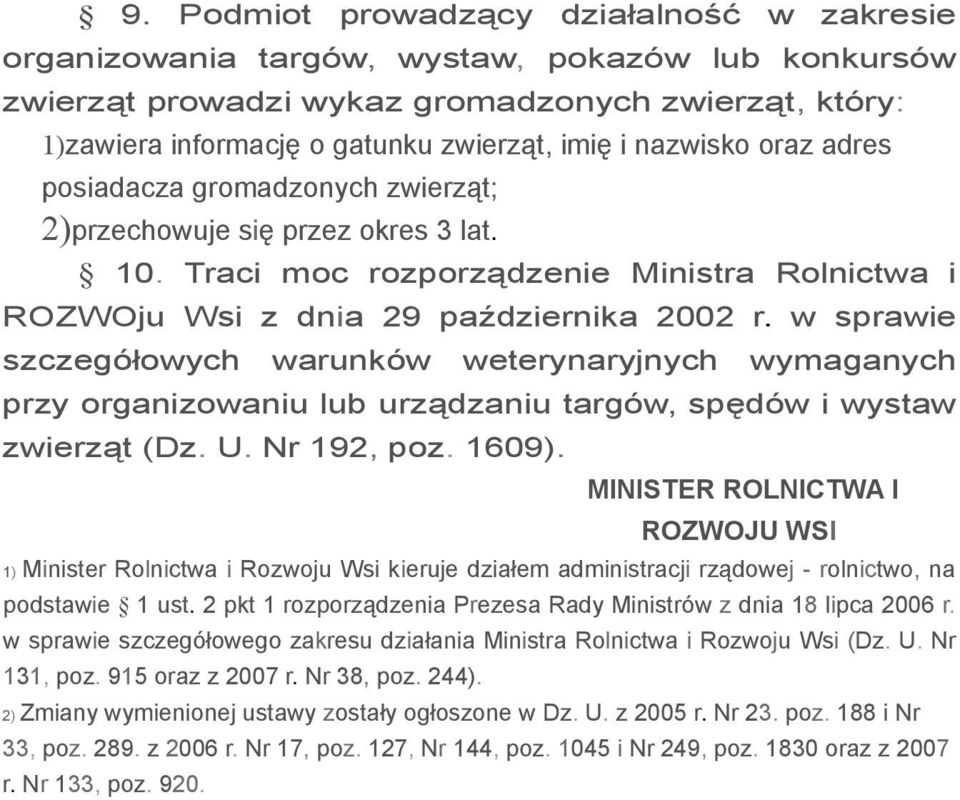 w sprawie szczegółowych warunków weterynaryjnych wymaganych przy organizowaniu lub urządzaniu targów, spędów i wystaw zwierząt (Dz. U. Nr 192, poz. 1609).