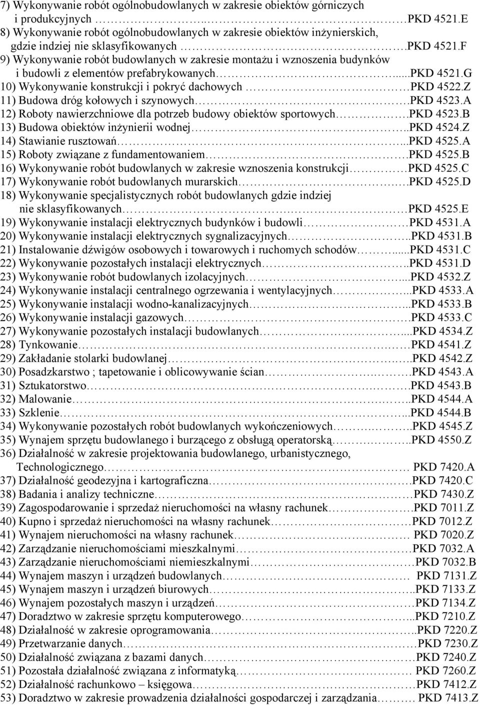 F 9) Wykonywanie robót budowlanych w zakresie montażu i wznoszenia budynków i budowli z elementów prefabrykowanych...pkd 4521.G 10) Wykonywanie konstrukcji i pokryć dachowych PKD 4522.