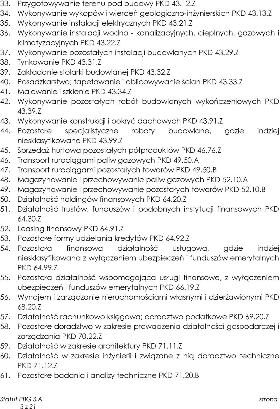 Zakładanie stolarki budowlanej PKD 43.32.Z 40. Posadzkarstwo; tapetowanie i oblicowywanie ścian PKD 43.33.Z 41. Malowanie i szklenie PKD 43.34.Z 42.