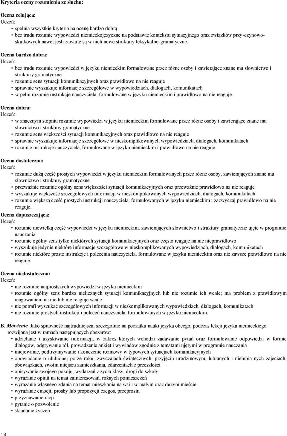 Ocena bardzo dobra: bez trudu rozumie wypowiedzi w języku niemieckim formułowane przez różne osoby i zawierające znane mu słownictwo i struktury gramatyczne rozumie sens sytuacji komunikacyjnych oraz