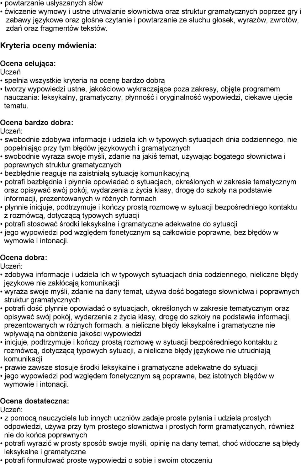 Kryteria oceny mówienia: Ocena celująca: Uczeń spełnia wszystkie kryteria na ocenę bardzo dobrą tworzy wypowiedzi ustne, jakościowo wykraczające poza zakresy, objęte programem nauczania: leksykalny,