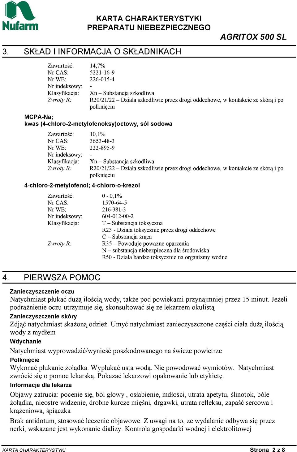 R20/21/22 Działa szkodliwie przez drogi oddechowe, w kontakcie ze skórą i po połknięciu 4-chloro-2-metylofenol; 4-chloro-o-krezol Zawartość: Nr CAS: Nr WE: Nr indeksowy: Klasyfikacja: 0-0,1%