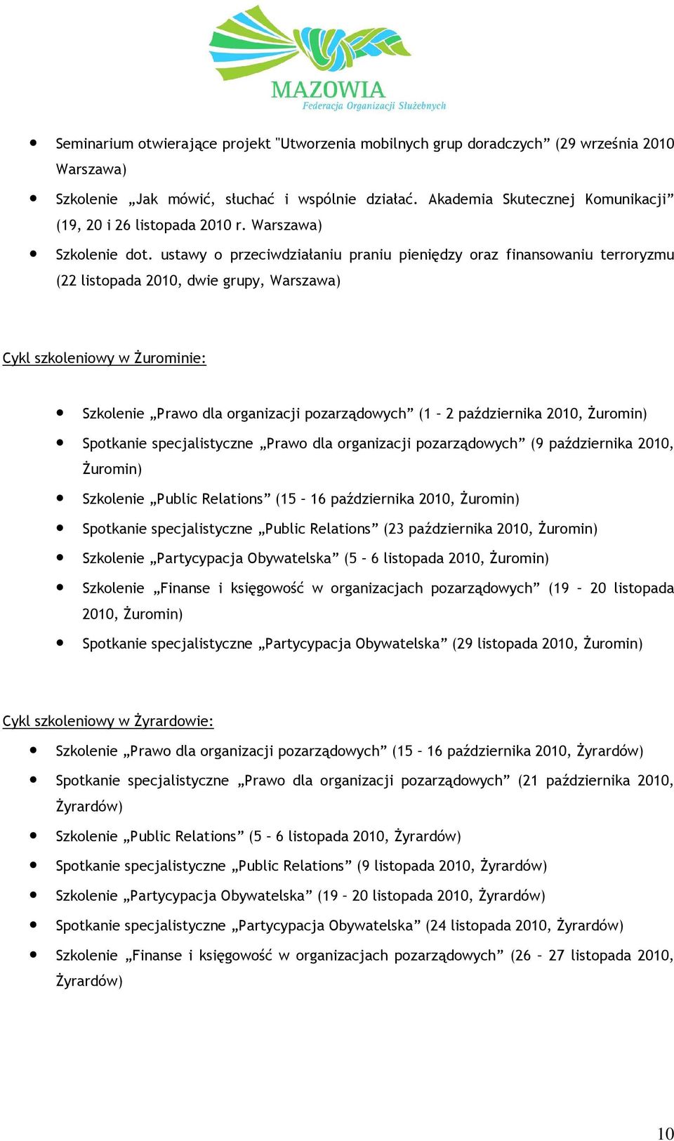 ustawy o przeciwdziałaniu praniu pieniędzy oraz finansowaniu terroryzmu (22 listopada 2010, dwie grupy, Warszawa) Cykl szkoleniowy w Żurominie: Szkolenie Prawo dla organizacji pozarządowych (1 2