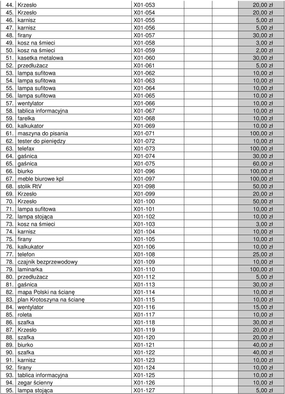 lampa sufitowa X01-064 10,00 zł 56. lampa sufitowa X01-065 10,00 zł 57. wentylator X01-066 10,00 zł 58. tablica informacyjna X01-067 10,00 zł 59. farelka X01-068 10,00 zł 60.