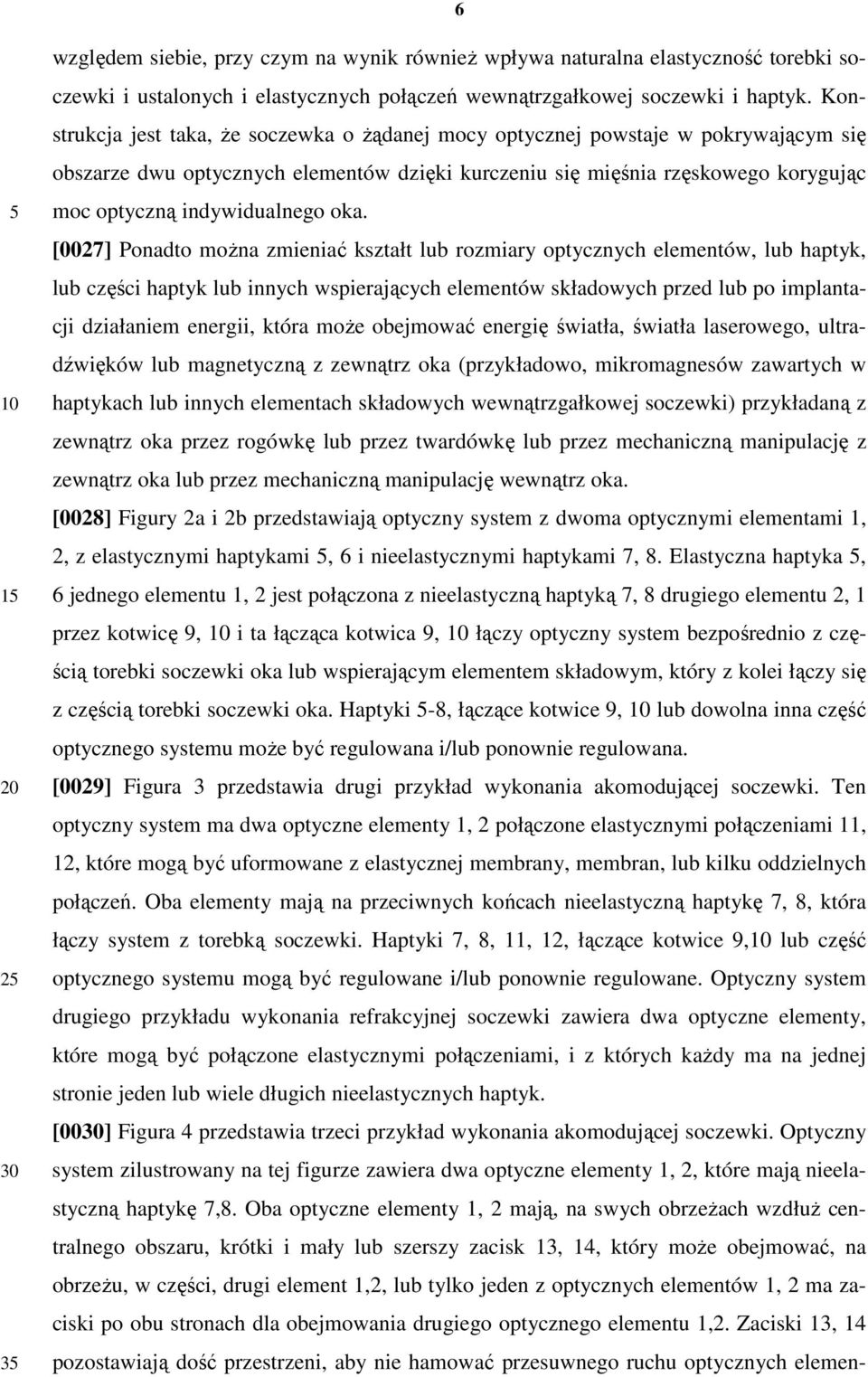 oka. [0027] Ponadto moŝna zmieniać kształt lub rozmiary optycznych elementów, lub haptyk, lub części haptyk lub innych wspierających elementów składowych przed lub po implantacji działaniem energii,