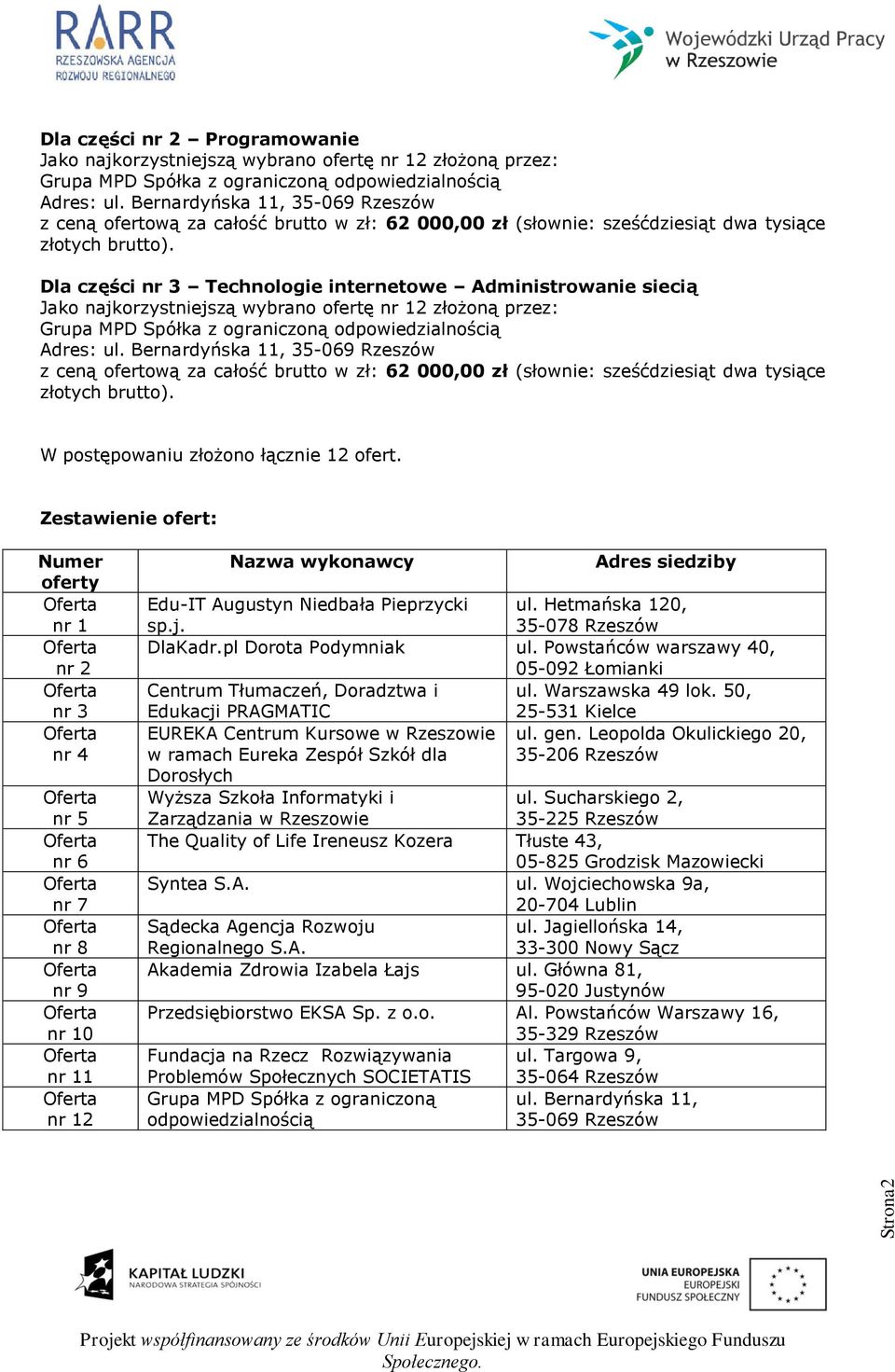 Dla części nr 3 Technologie internetowe Administrowanie siecią Jako najkorzystniejszą wybrano ofertę nr 12 złożoną przez: Grupa MPD Spółka z ograniczoną odpowiedzialnością Adres: ul.