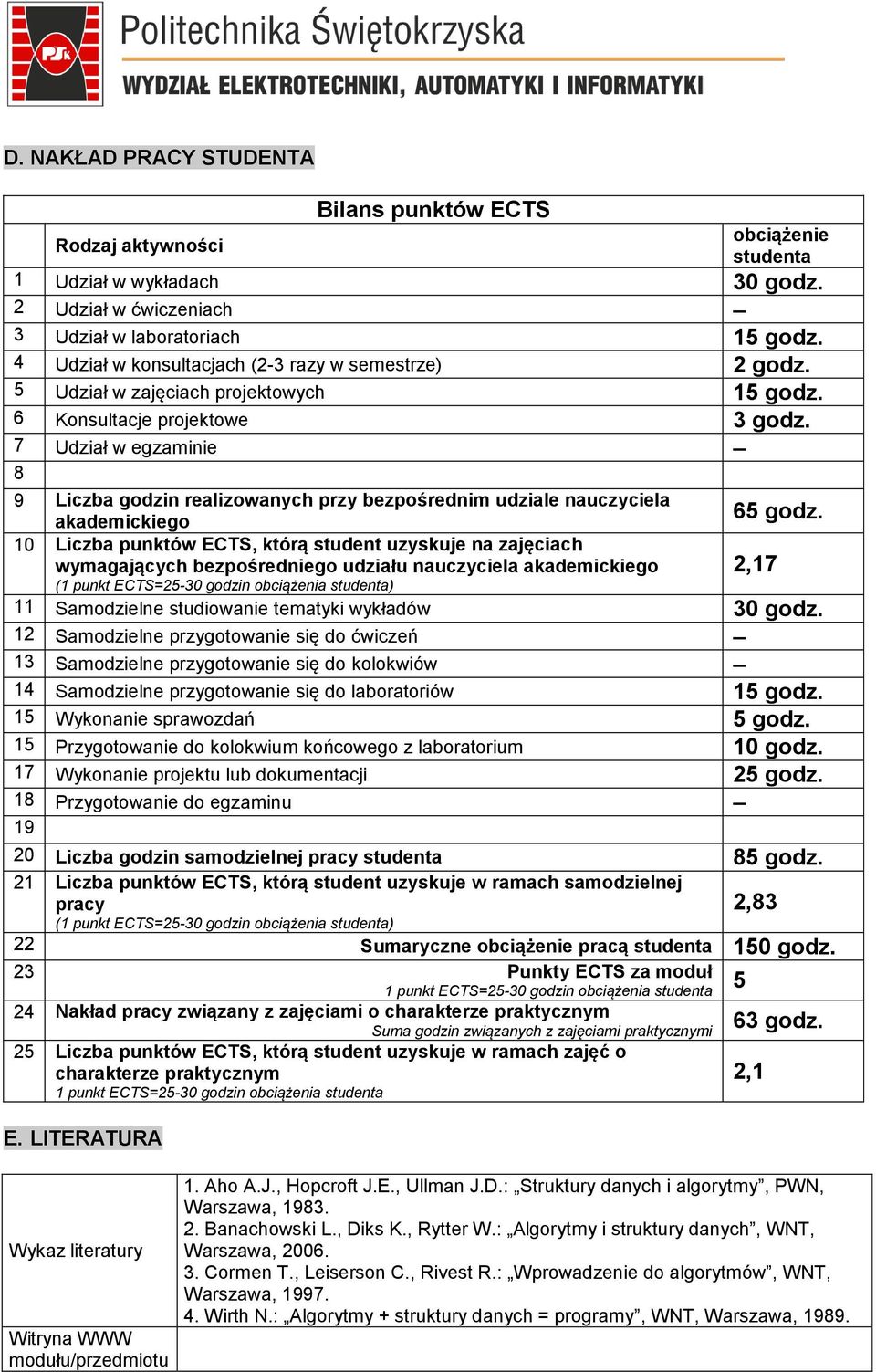 7 Udział w egzaminie 8 9 Liczba godzin realizowanych przy bezpośrednim udziale nauczyciela akademickiego 10 Liczba punktów ECTS, którą student uzyskuje na zajęciach wymagających bezpośredniego