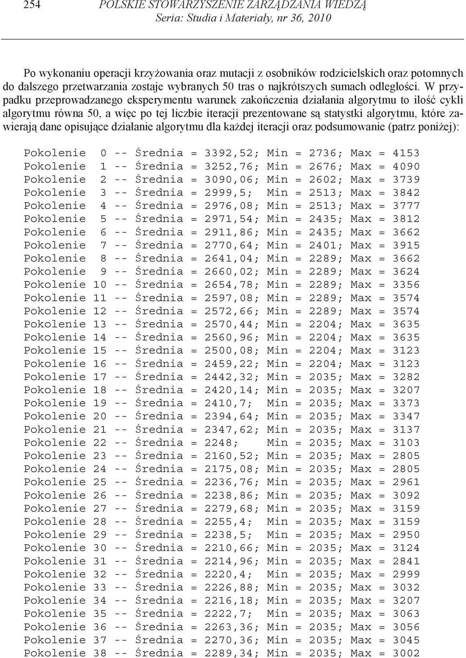 Min = 2435; Max = 3812 Pokolenie 6 -- rednia = 2911,86; Min = 2435; Max = 3662 Pokolenie 7 -- rednia = 2770,64; Min = 2401; Max = 3915 Pokolenie 8 -- rednia = 2641,04; Min = 2289; Max = 3662