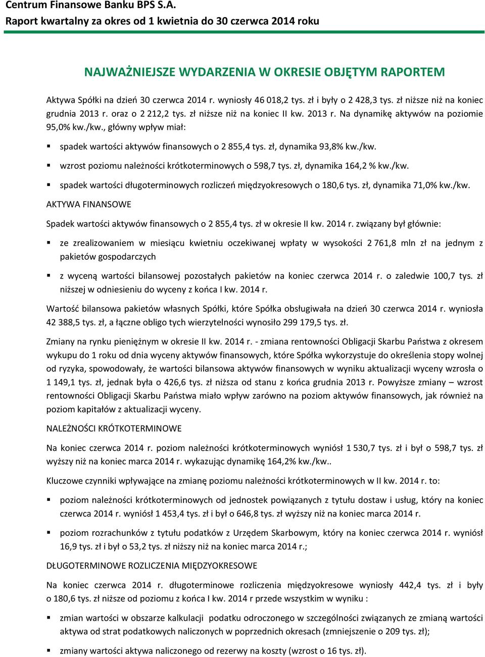 /kw. wzrost poziomu należności krótkoterminowych o 598,7 tys. zł, dynamika 164,2 % kw./kw. spadek wartości długoterminowych rozliczeń międzyokresowych o 180,6 tys. zł, dynamika 71,0% kw./kw. AKTYWA FINANSOWE Spadek wartości aktywów finansowych o 2 855,4 tys.