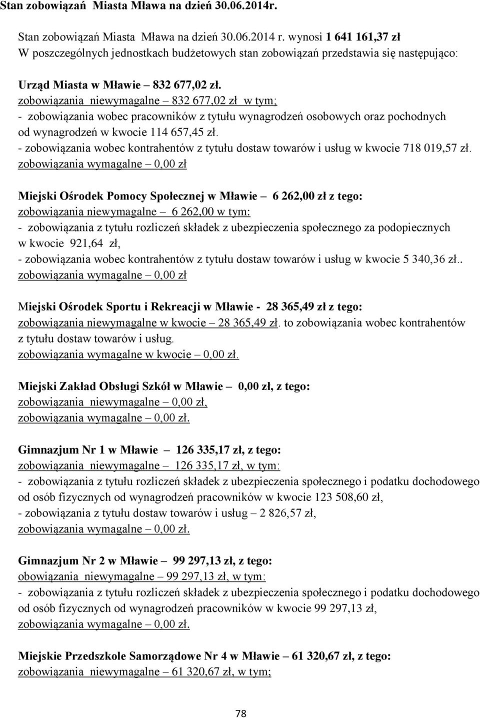 zobowiązania niewymagalne 832 677,02 zł w tym; - zobowiązania wobec pracowników z tytułu wynagrodzeń osobowych oraz pochodnych od wynagrodzeń w kwocie 114 657,45 zł.