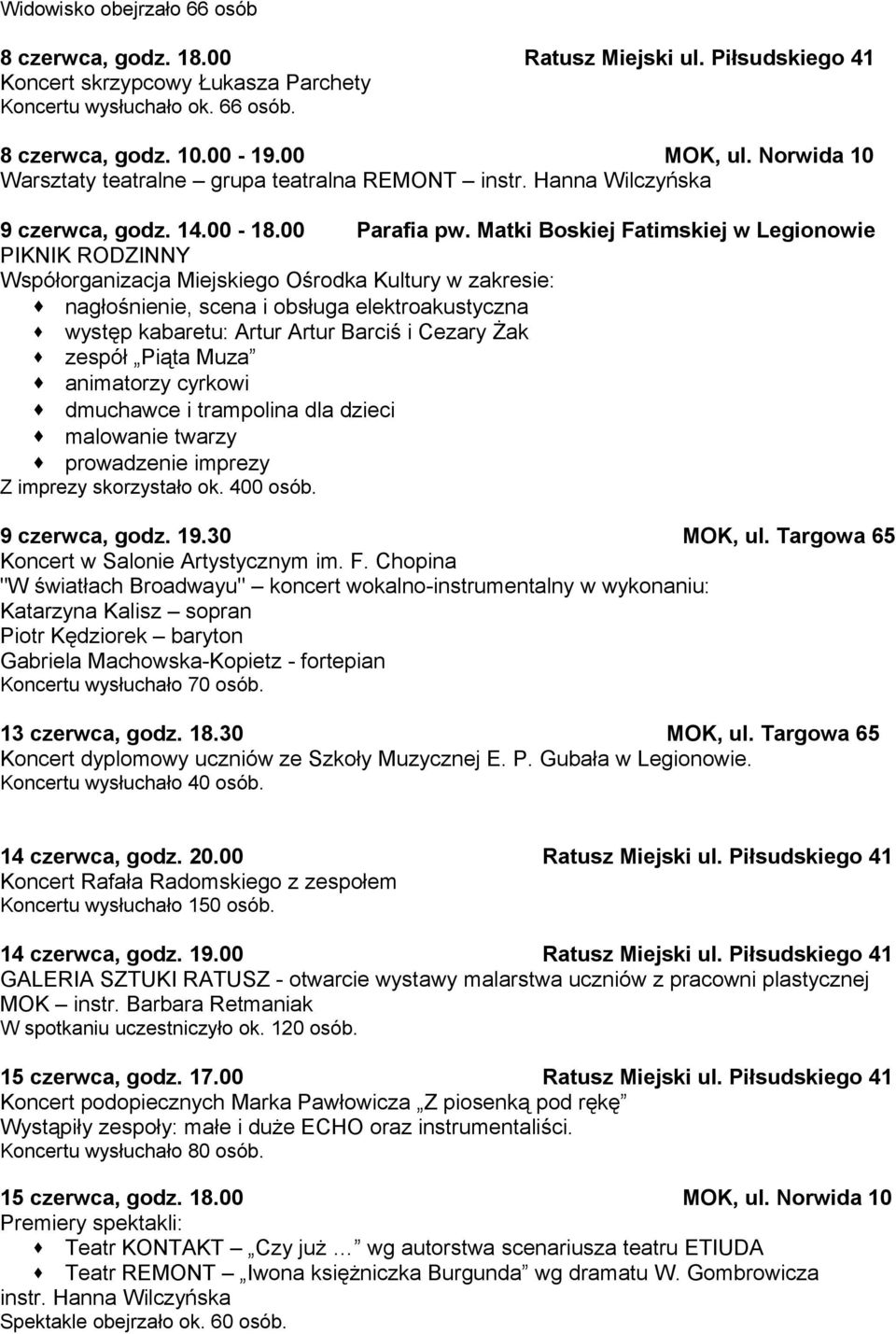 Matki Boskiej Fatimskiej w Legionowie PIKNIK RODZINNY Współorganizacja Miejskiego Ośrodka Kultury w zakresie: nagłośnienie, scena i obsługa elektroakustyczna występ kabaretu: Artur Artur Barciś i