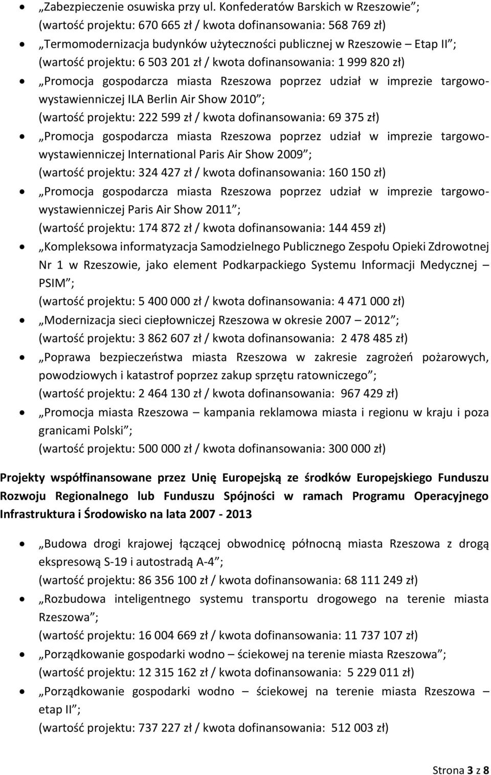 201 zł / kwota dofinansowania: 1 999 820 zł) Promocja gospodarcza miasta Rzeszowa poprzez udział w imprezie targowowystawienniczej ILA Berlin Air Show 2010 ; (wartość projektu: 222 599 zł / kwota