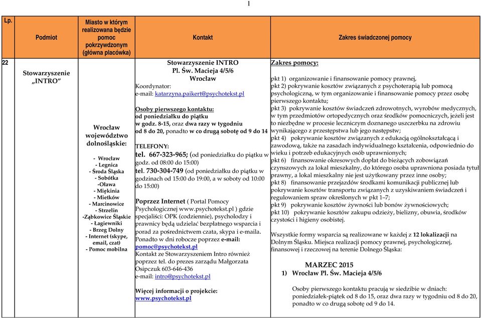 Macieja 4/5/6 Wrocław Koordynator: e-mail: katarzyna.paikert@psychotekst.pl Osoby pierwszego kontaktu: od poniedziałku do piątku w godz.