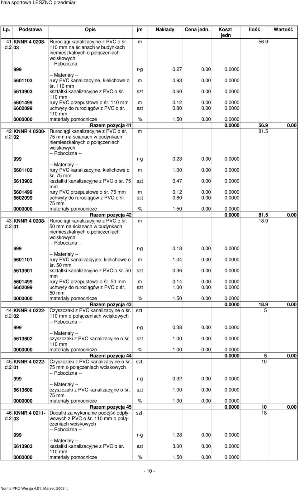 00 0.0000 6602099 uchwyty do rurociągów z PVC o śr. szt 0.80 0.00 0.0000 110 Raze pozycja 41 0.0000 56.9 0.00 42 KNNR 4 0208- d.2 02 81.5 Rurociągi kanalizacyjne z PVC o śr.
