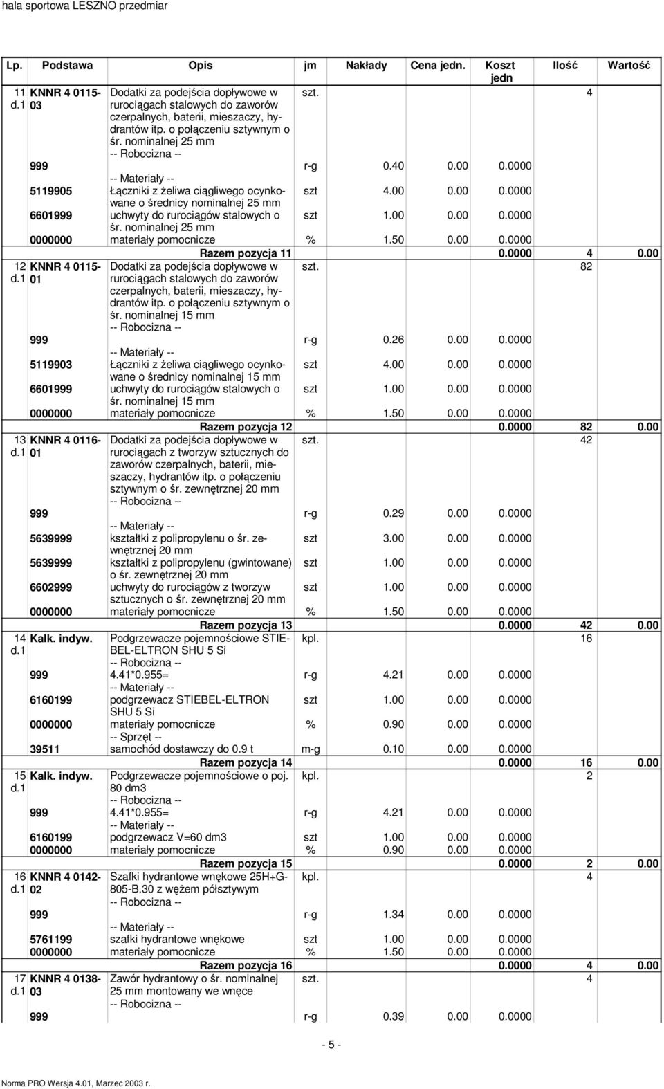 noinalnej 25 Raze pozycja 11 0.0000 4 0.00 12 KNNR 4 0115- d.1 01 82 Dodatki za podejścia dopływowe w rurociągach stalowych do zaworów czerpalnych, baterii, ieszaczy, hydrantów itp.