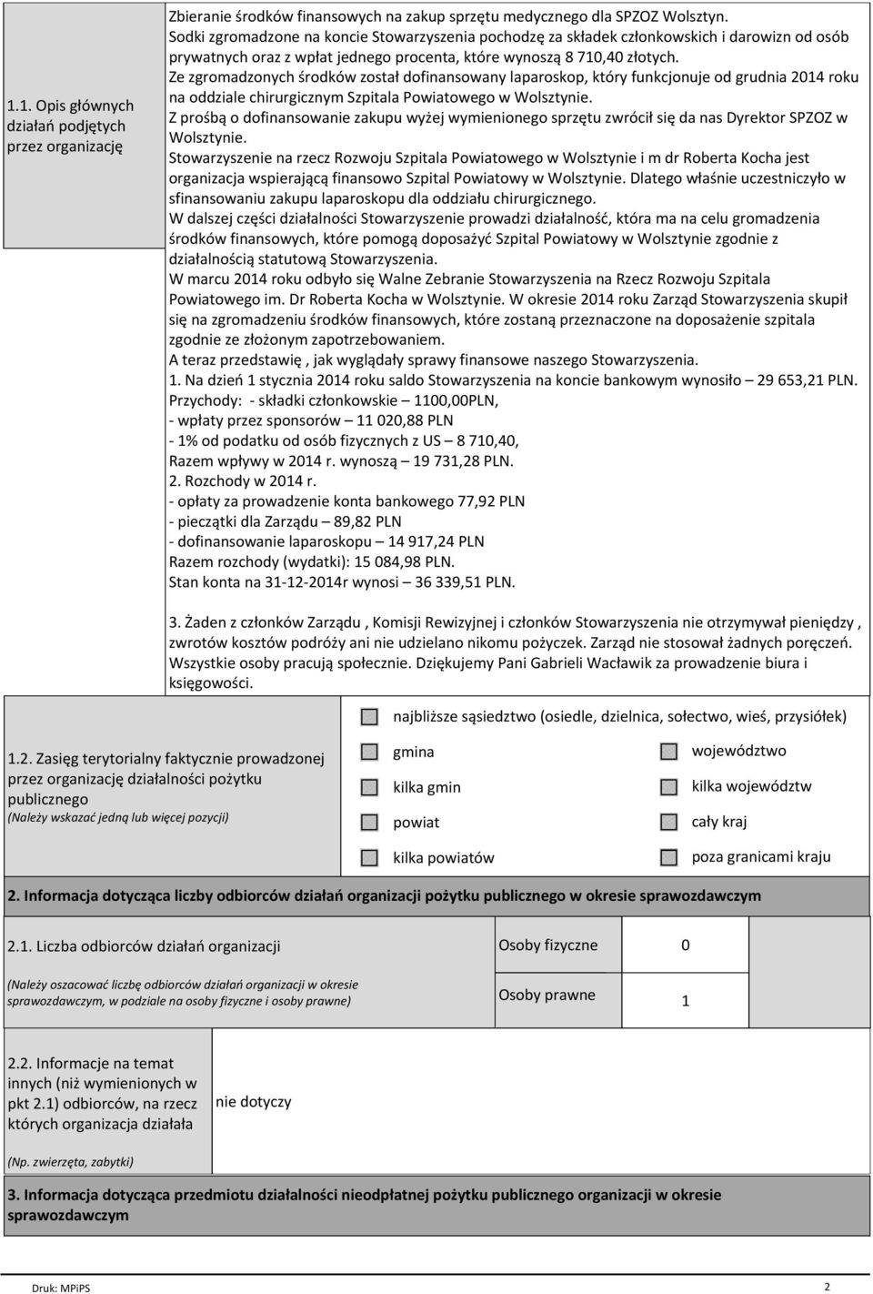 Ze zgromadzonych środków został dofinansowany laparoskop, który funkcjonuje od grudnia 2014 roku na oddziale chirurgicznym Szpitala Powiatowego w Wolsztynie.