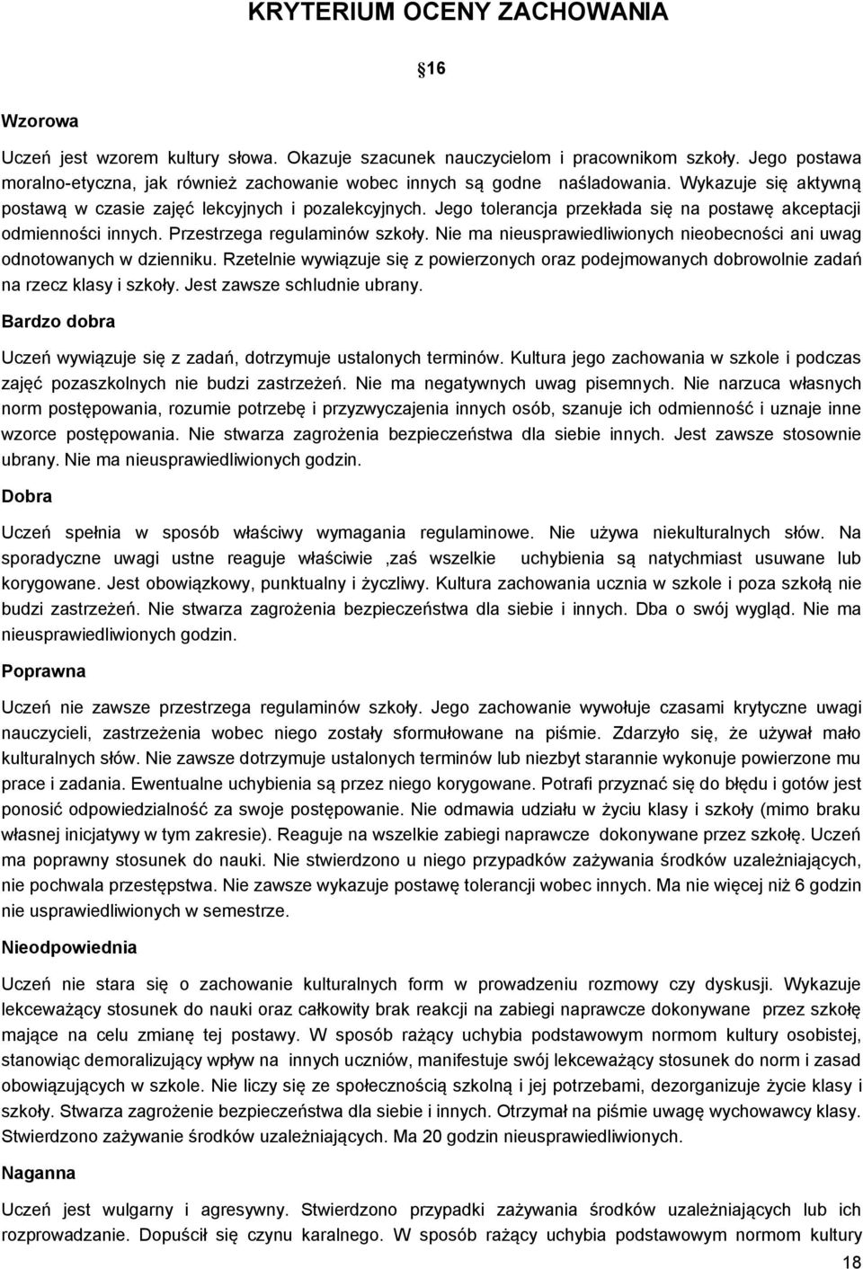 Jego tolerancja przekłada się na postawę akceptacji odmienności innych. Przestrzega regulaminów szkoły. Nie ma nieusprawiedliwionych nieobecności ani uwag odnotowanych w dzienniku.