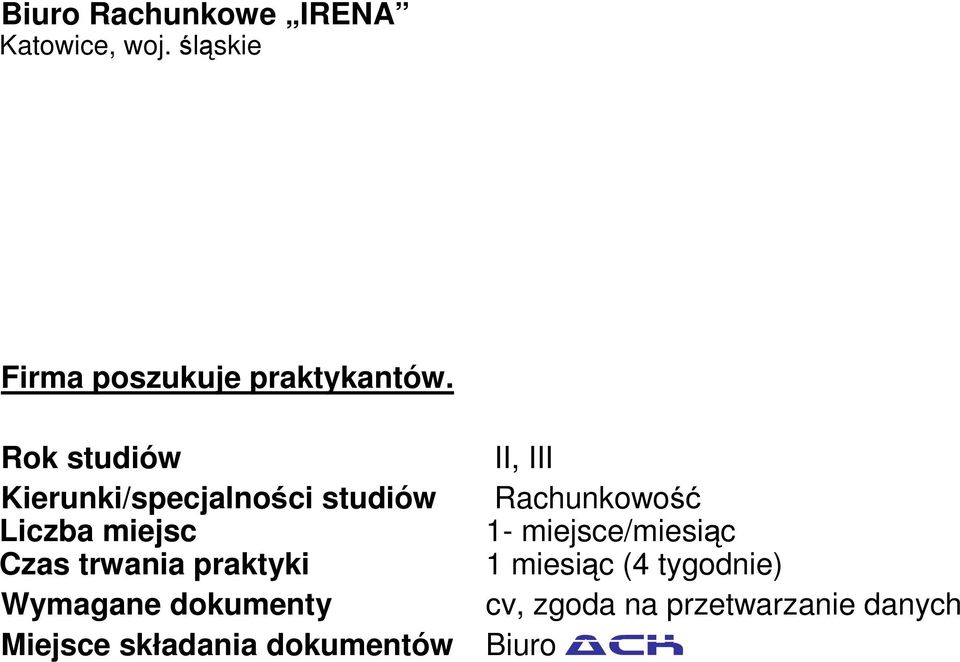 praktyki Wymagane dokumenty Miejsce składania dokumentów II, III