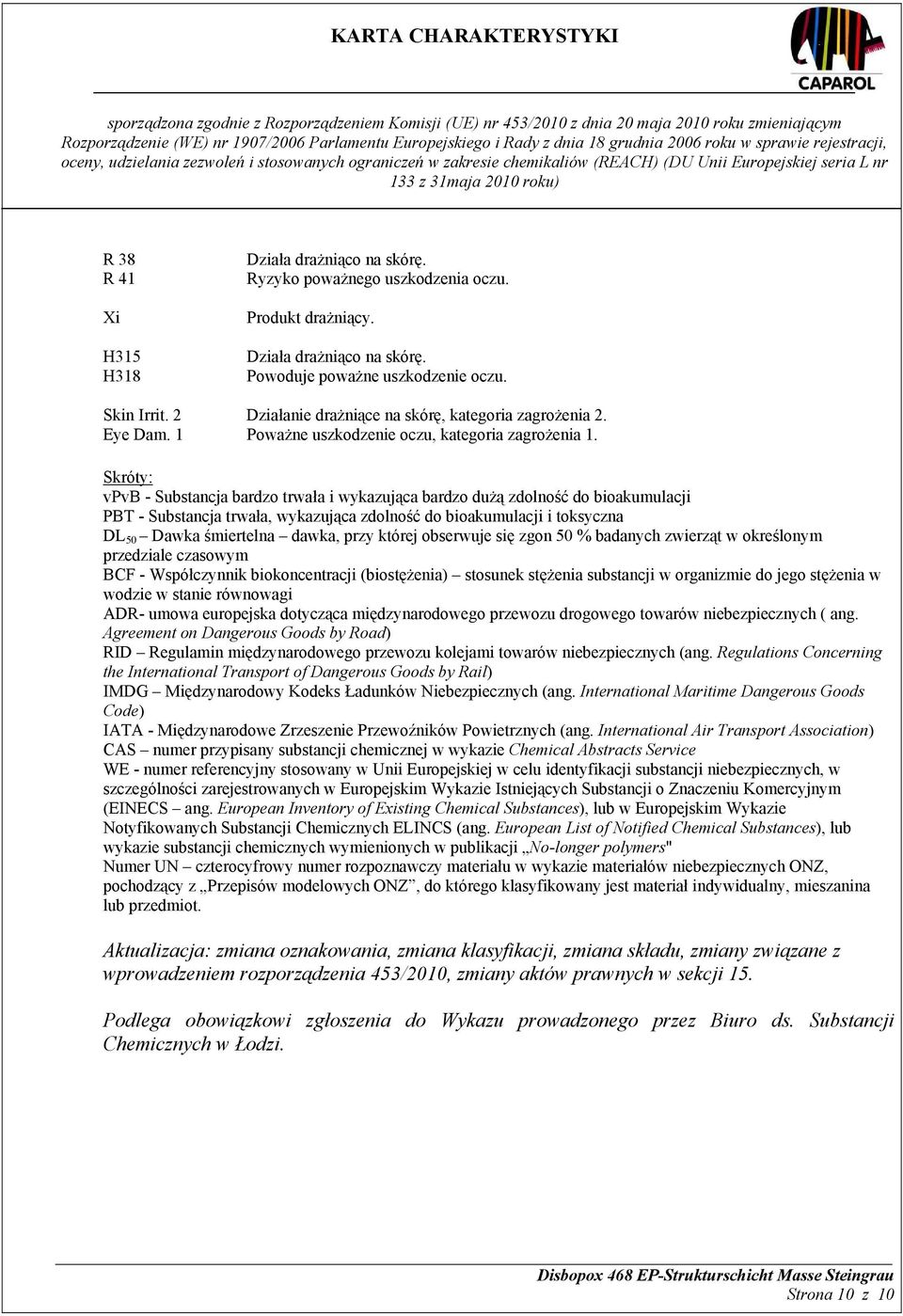 Skróty: vpvb - Substancja bardzo trwała i wykazująca bardzo dużą zdolność do bioakumulacji PBT - Substancja trwała, wykazująca zdolność do bioakumulacji i toksyczna DL 50 Dawka śmiertelna dawka, przy