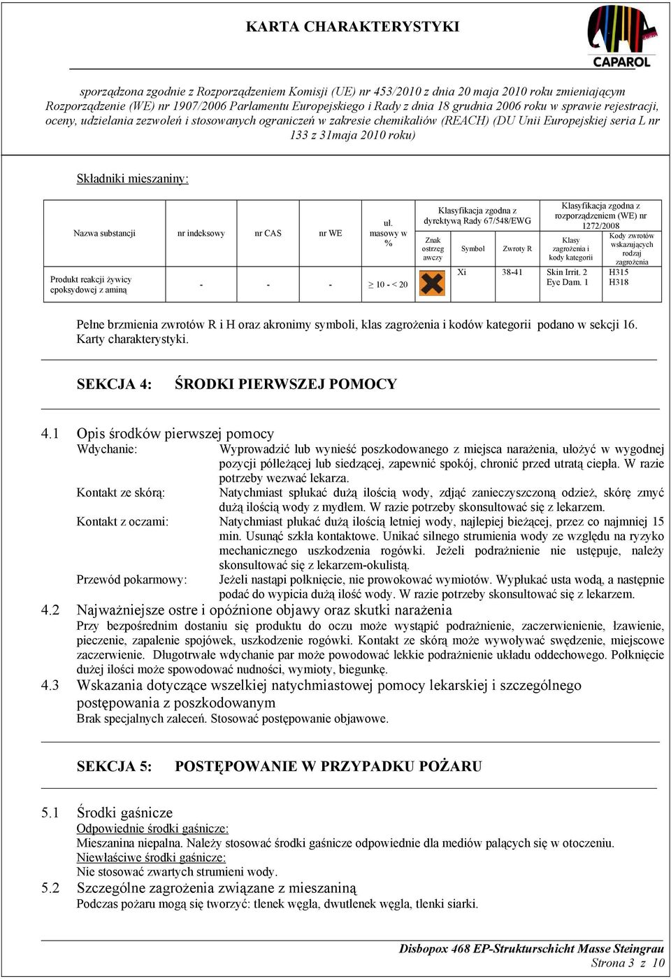 Xi 38-41 Skin Irrit. 2 Eye Dam. 1 Kody zwrotów wskazujących rodzaj zagrożenia H315 H318 Pełne brzmienia zwrotów R i H oraz akronimy symboli, klas zagrożenia i kodów kategorii podano w sekcji 16.