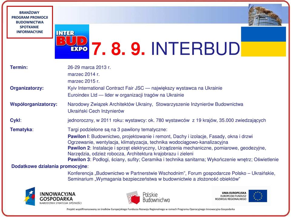 Ukrainy, Stowarzyszenie InŜynierów Budownictwa Ukraiński Cech InŜynierów jednoroczny, w 2011 roku: wystawcy: ok. 780 wystawców z 19 krajów, 35.