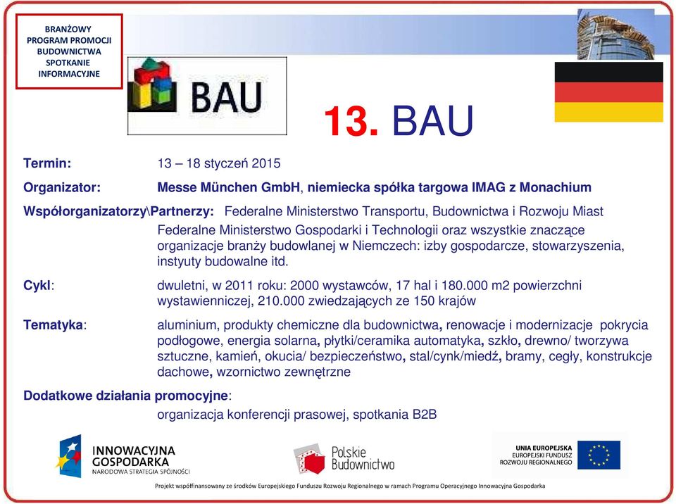 Cykl: Tematyka: dwuletni, w 2011 roku: 2000 wystawców, 17 hal i 180.000 m2 powierzchni wystawienniczej, 210.