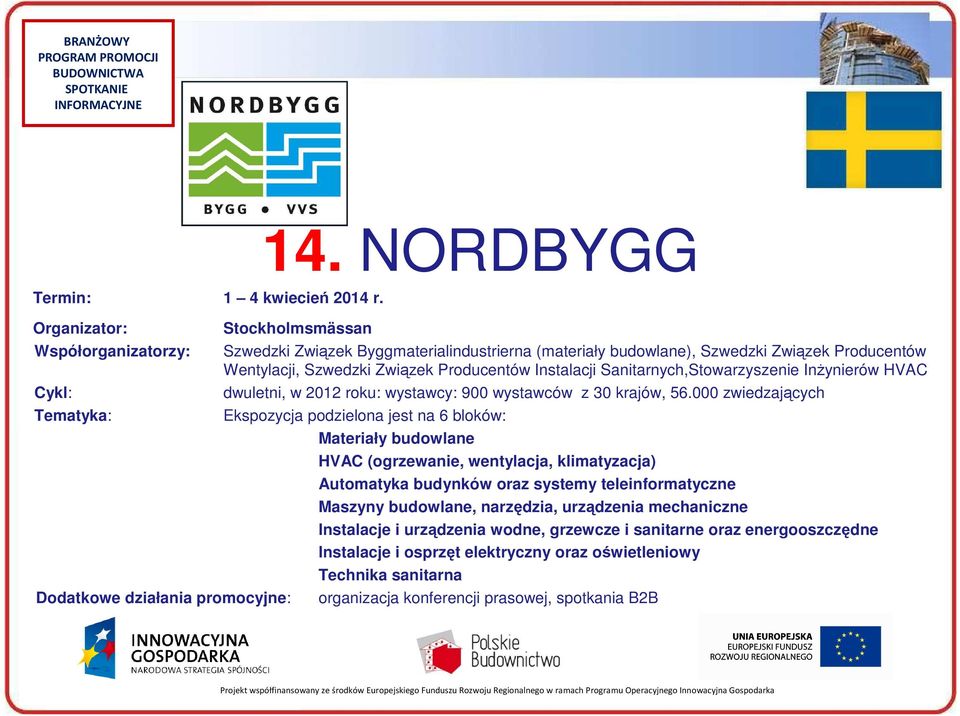 Instalacji Sanitarnych,Stowarzyszenie InŜynierów HVAC Cykl: dwuletni, w 2012 roku: wystawcy: 900 wystawców z 30 krajów, 56.